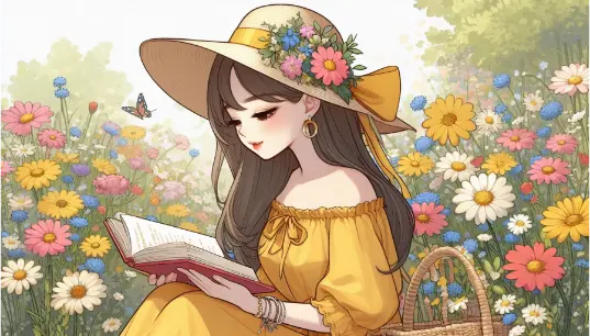 Yellow-Dress-Girl-Reading-a Book-Flower-Background-Illustration-1